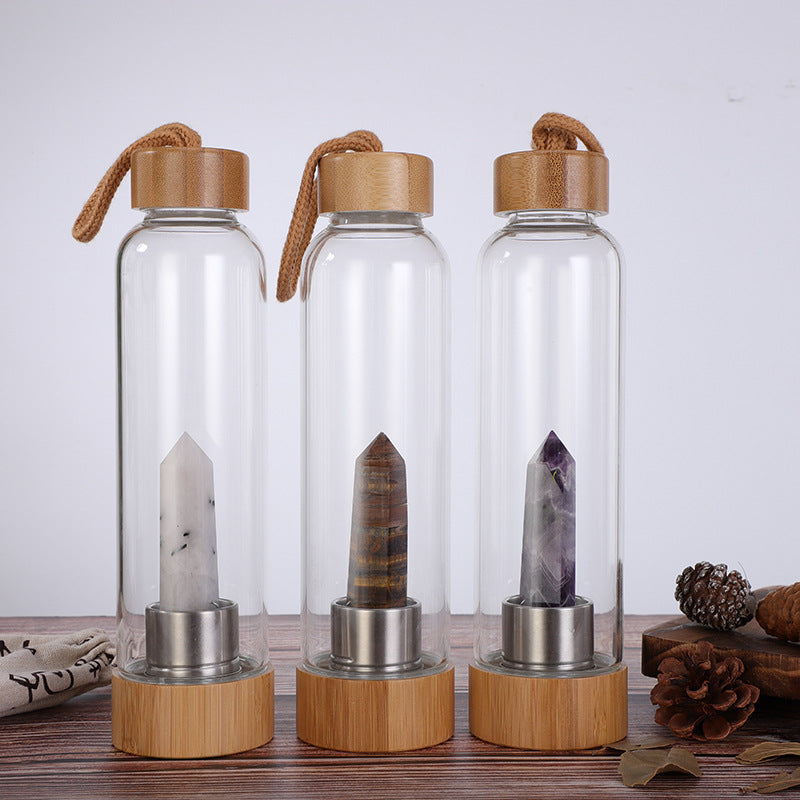 Natural Crystal Column Bamboo Lid Energy Glass Water Bottle