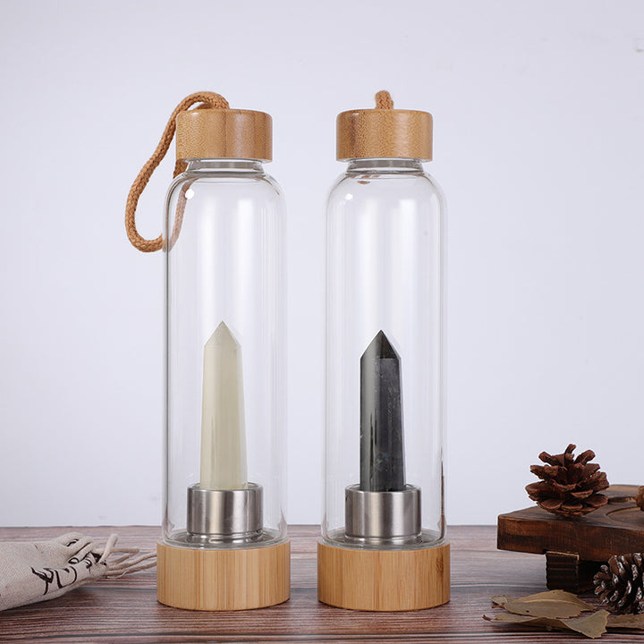 Natural Crystal Column Bamboo Lid Energy Glass Water Bottle